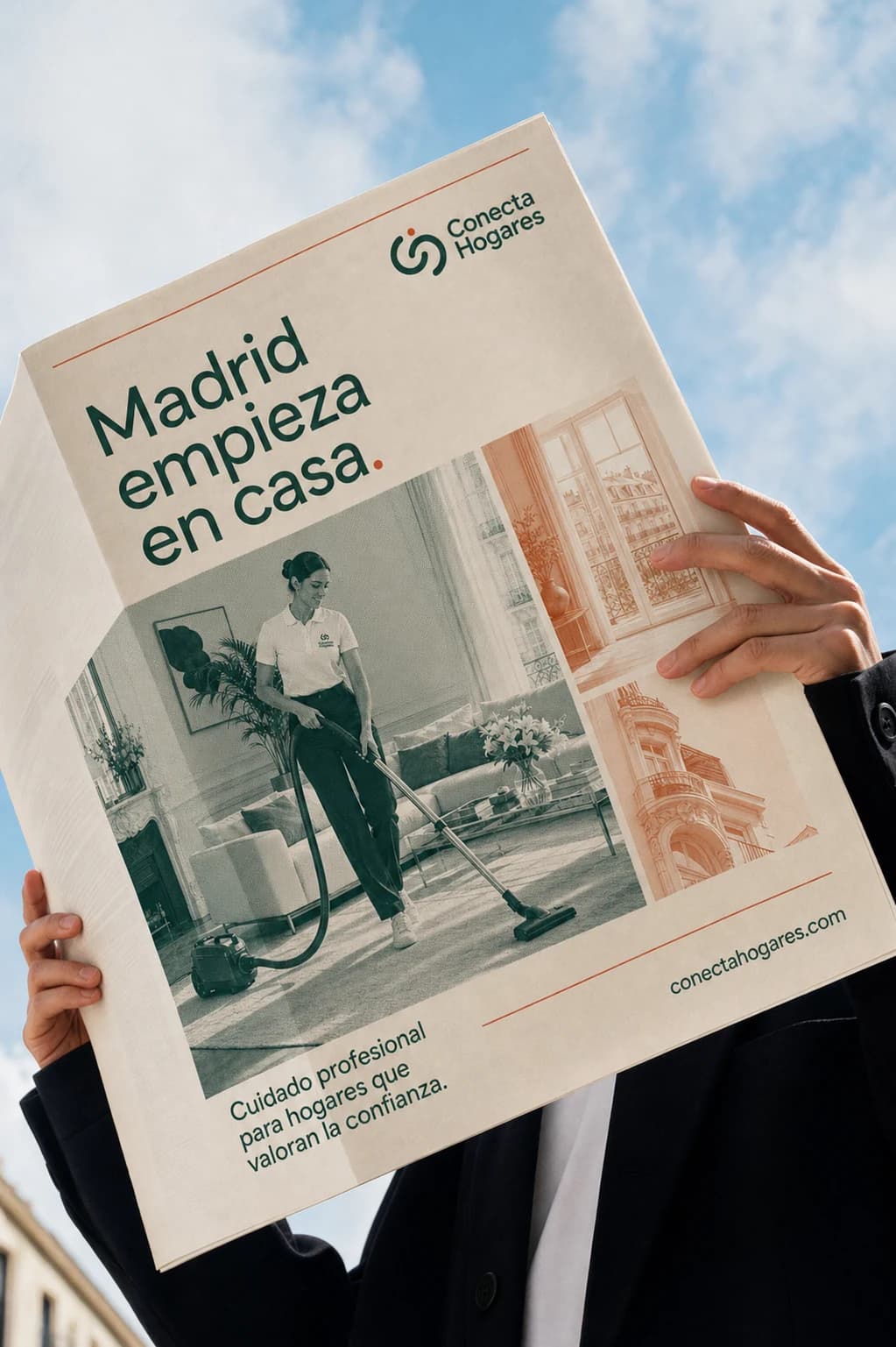 Cartaz editorial da Conecta Hogares apresentado como um jornal em Madrid