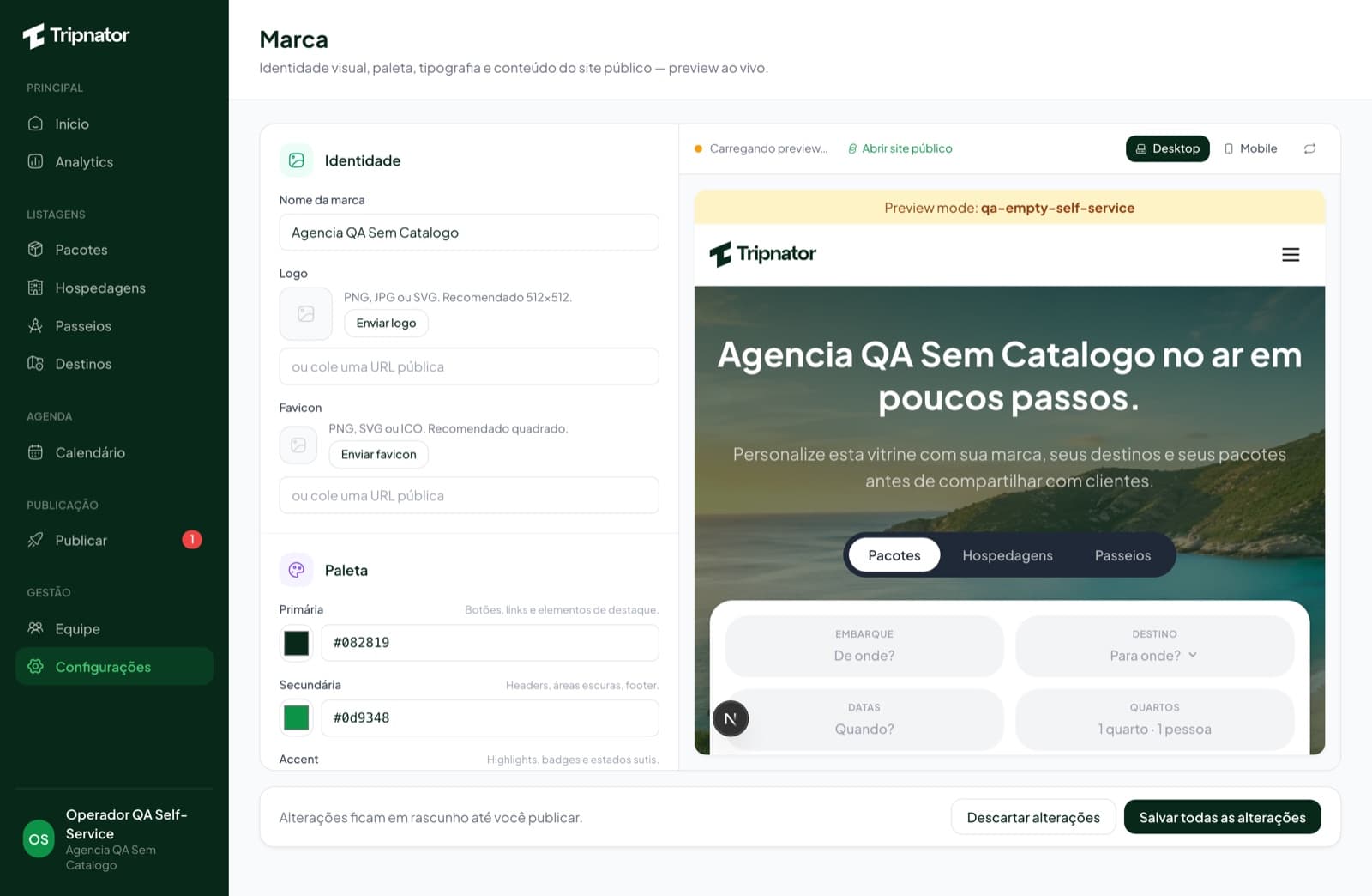Painel de personalização de marca do Tripnator