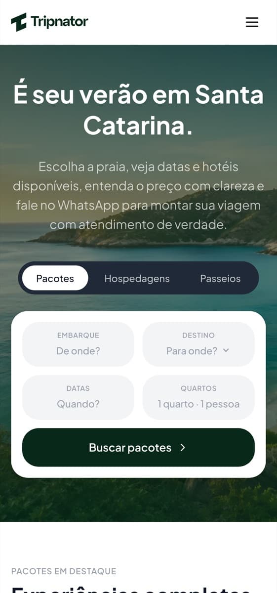 Versão mobile do website: Tripnator