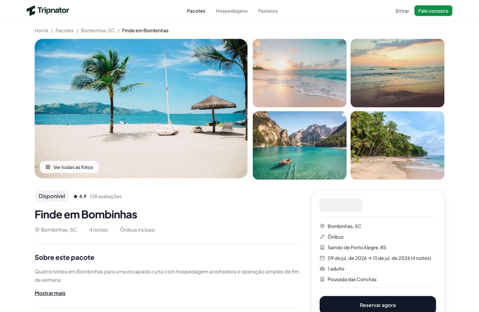 Página de um pacote de viagem publicado pelo Tripnator