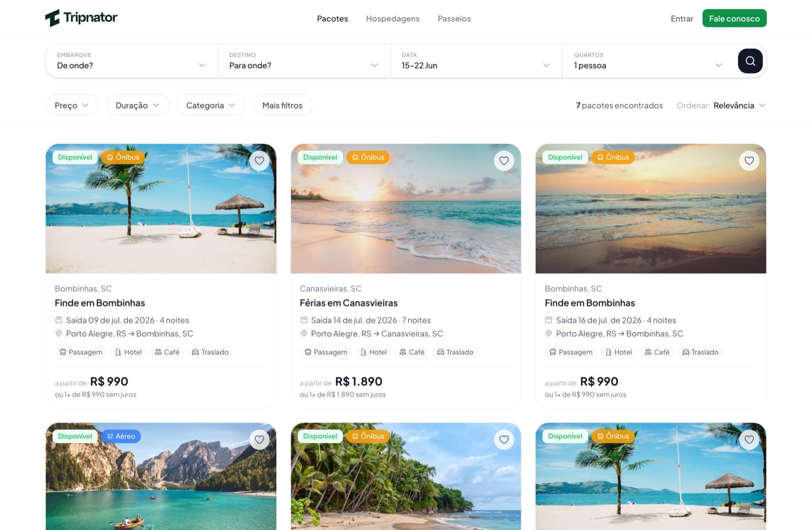 Busca e catálogo de pacotes no storefront Tripnator