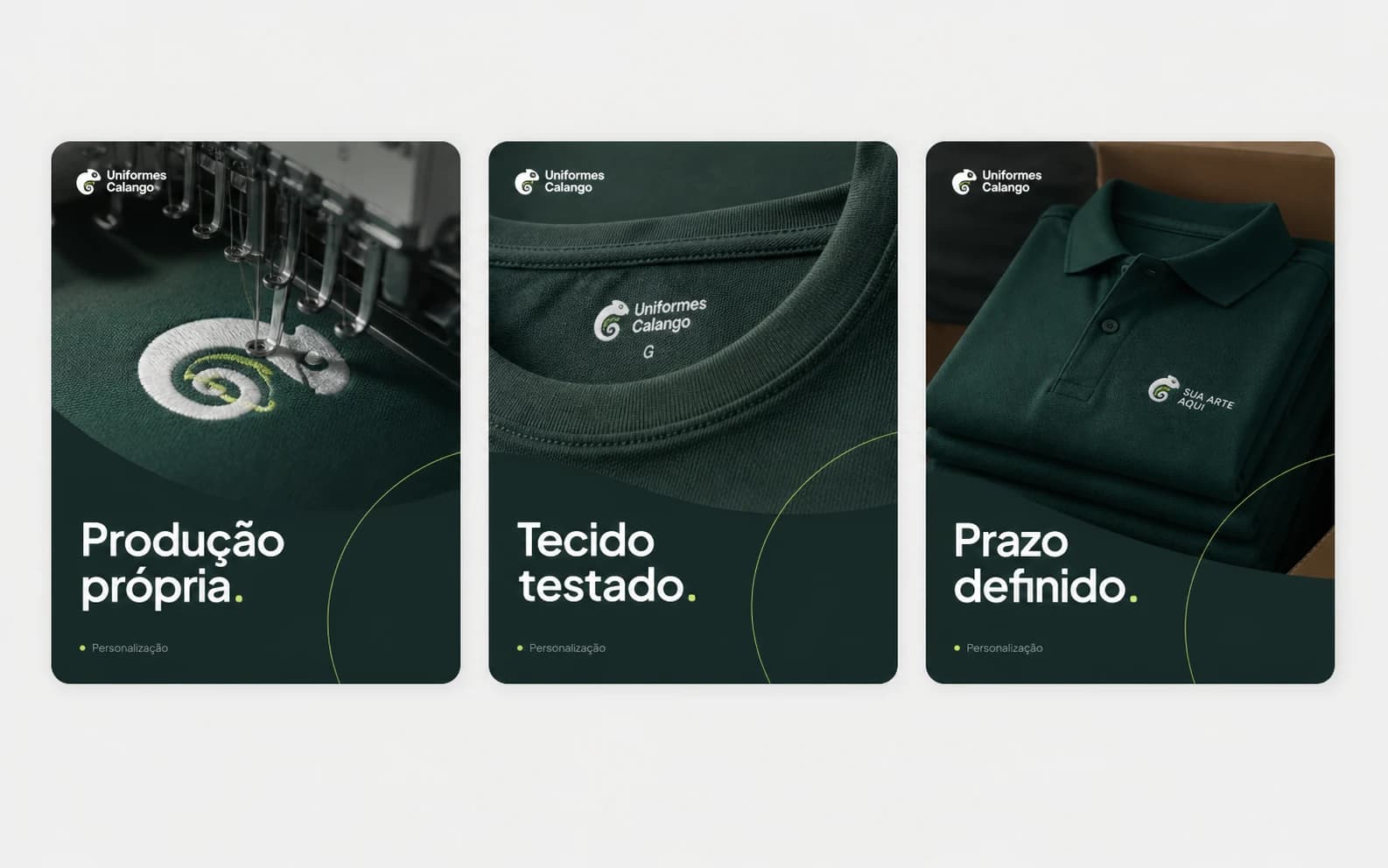 Sistema editorial da Uniformes Calango aplicado a três publicações