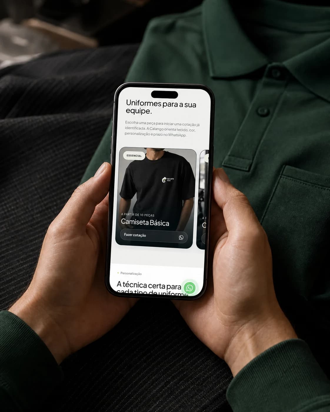 Produtos e personalização da Uniformes Calango na versão mobile