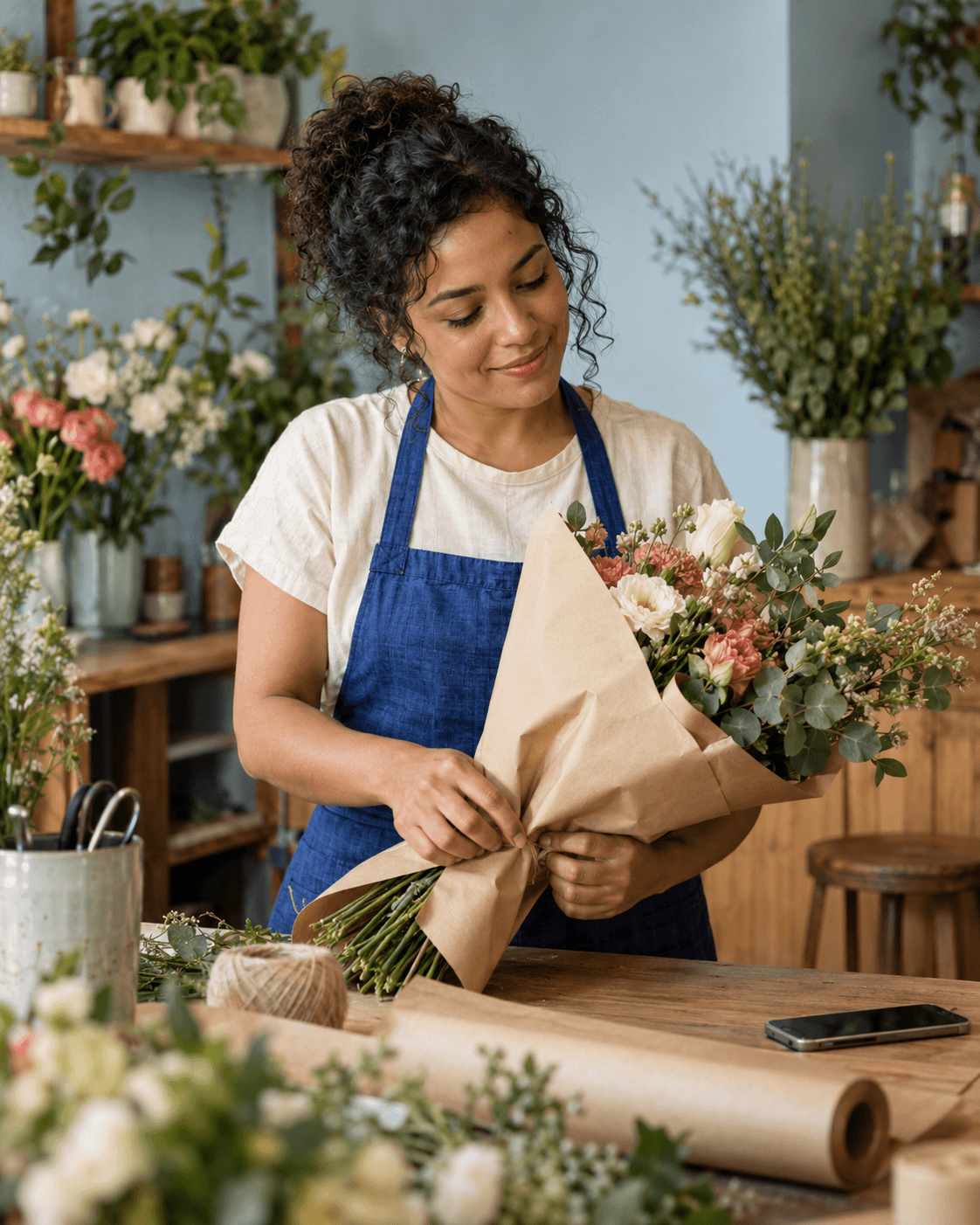 Cena criada com IA: empreendedora preparando um pedido em sua floricultura.