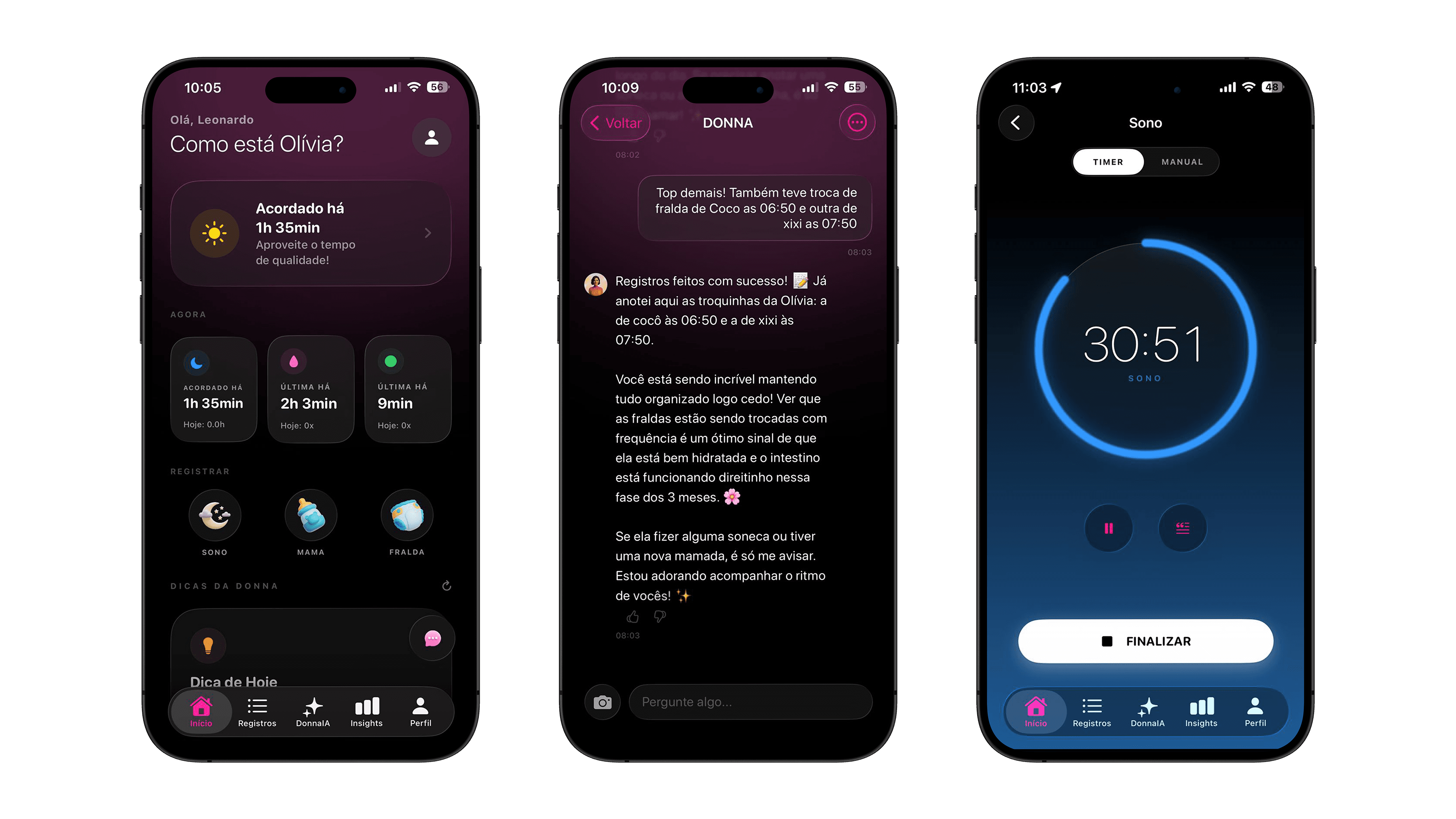 Telas principais do DonnaAI: início, conversa e timer
