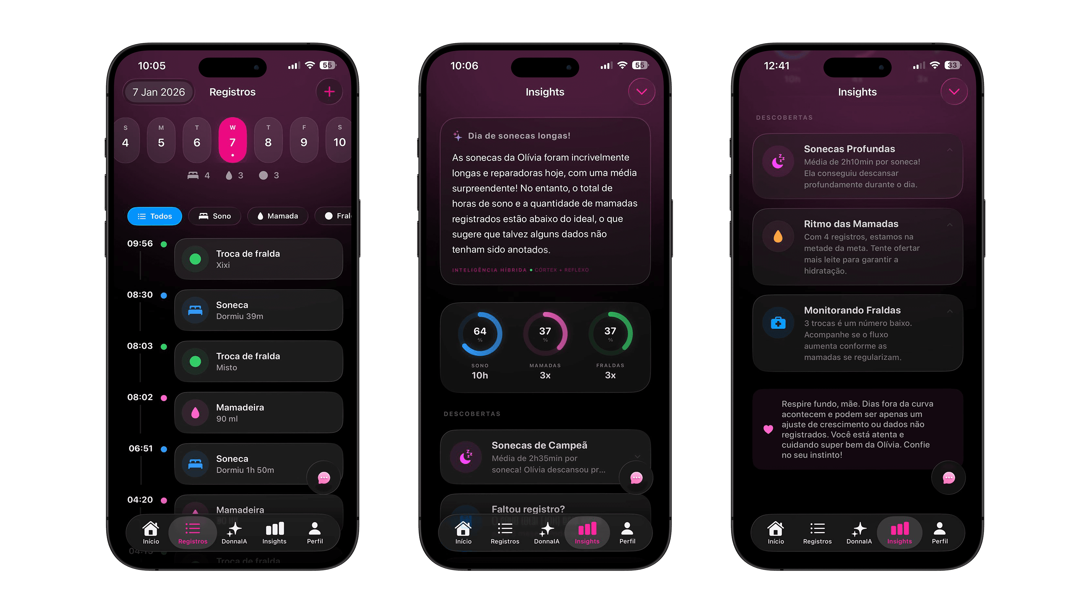 Telas de registros e insights do DonnaAI